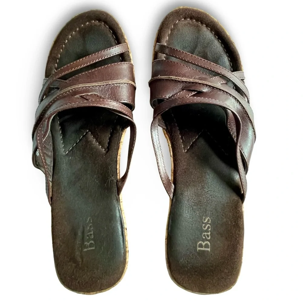 Bass Chianti Strappy Brown Leather Cork Slip-on Wedge Sandals Sz8 - Picture 8 of 9